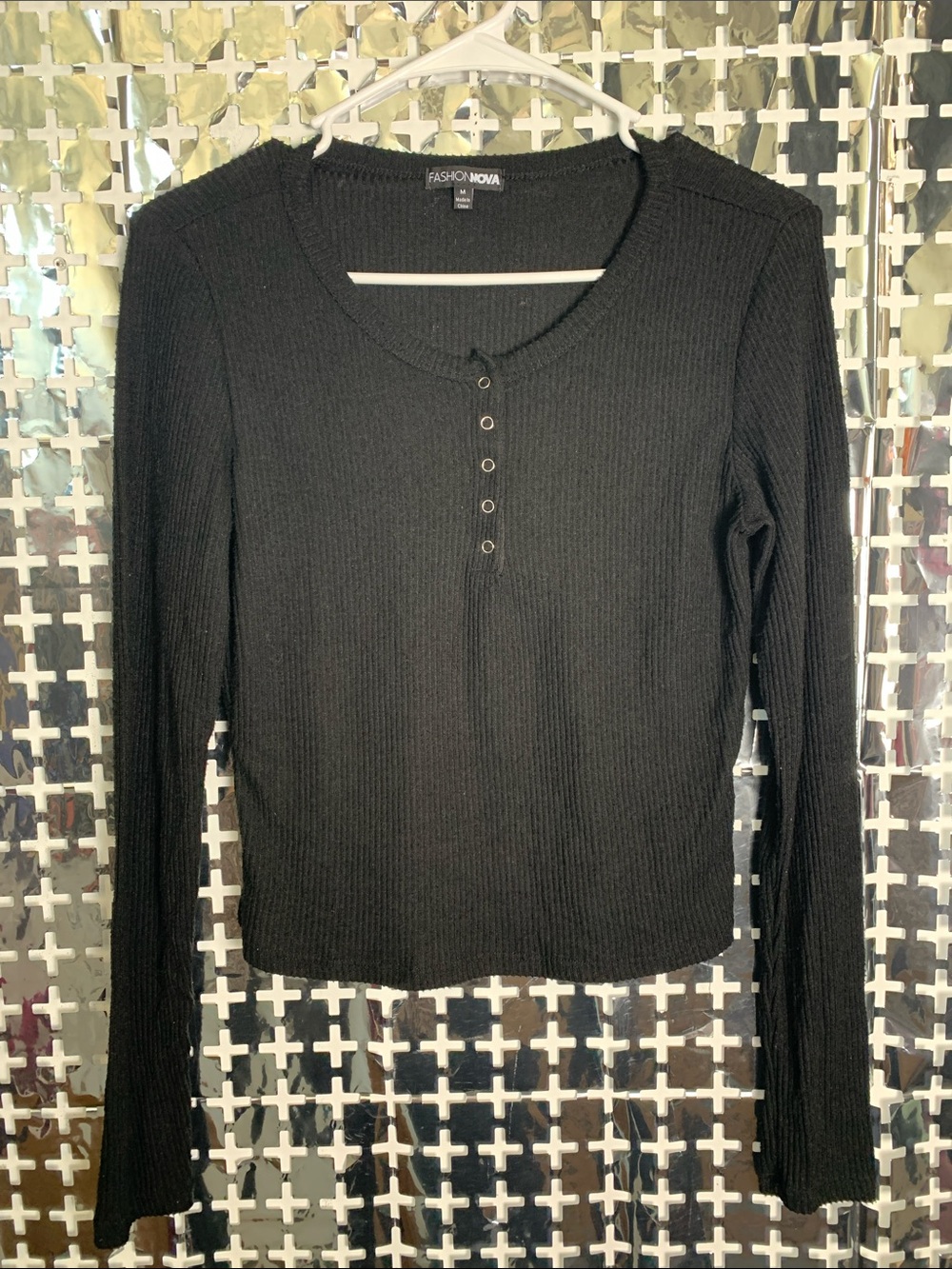 Fashion Nova Black Ribbed Henley Long Sleeve Top